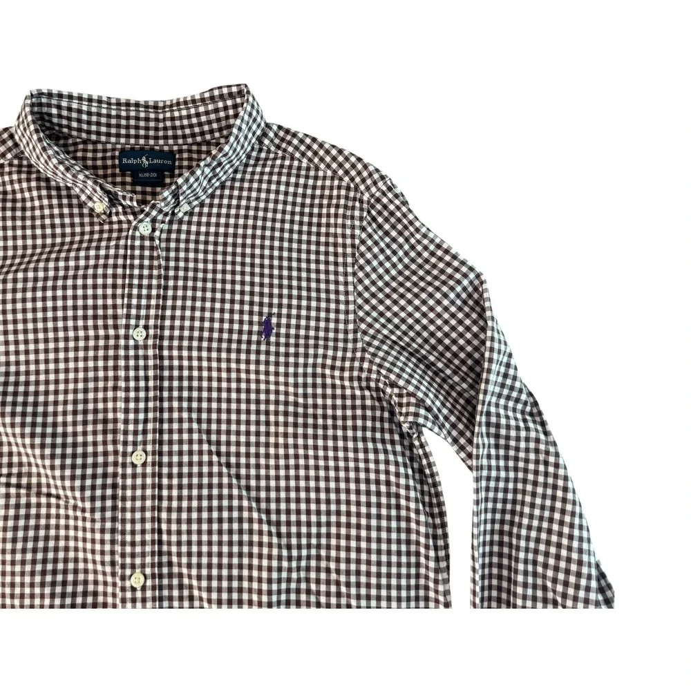 Ralph Lauren Boys XL 18-20 Brown Gingham Button Down Shirt Slim Fit Purple Pony